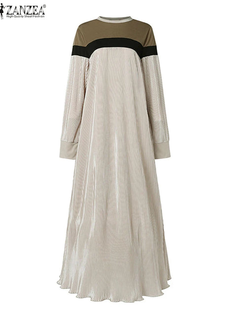 Fashion Autumn Long Sleeve Pleated Sundress 2024 ZANZEA Muslim Abaya Robe Femmme Women Patchwork Maxi Dresses Casual Vestidos