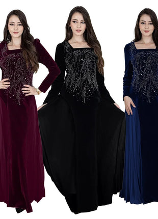 Women Dubai Arab Muslim Velvet Chiffon Splicing Diamond Evening Dress Jalabia Women's Clothing Abaya Robe