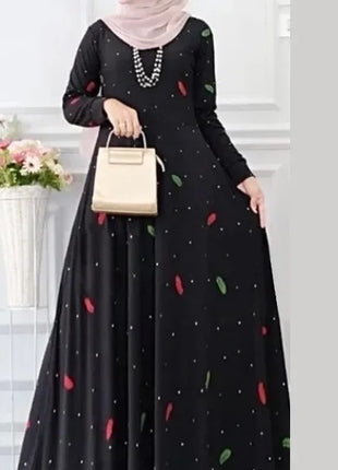 Muslim Leaf Pattern Long Sleeve Dress for Women Casual Bohemian Polka Dot Print Holiday Muslim Dress Full Length Abayas Dubai