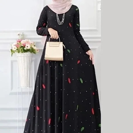 Muslim Leaf Pattern Long Sleeve Dress for Women Casual Bohemian Polka Dot Print Holiday Muslim Dress Full Length Abayas Dubai