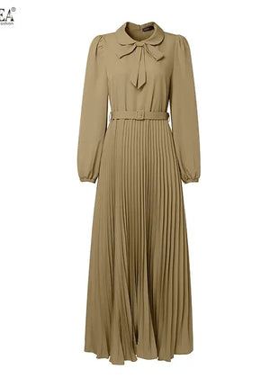 Elegant Muslim Dress Abaya ZANZEA Women 2025 Autumn Dresses Long Lantern Sleeve Pleated Sundress Belted Robe Femme Party Vestido