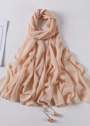 Fashion Flowers Pearl Tassel Chiffon Long Scarf Hijabs Elegant Womens Party Turban Headwear Solid Color Headscarf Shawls Scarves