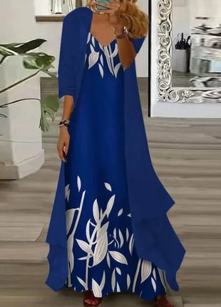 Independent Stand Floral Print Women's Dress Two-Piece Set Short Sleeve Ankle-Length Polyester Fiber Regular Waist Line