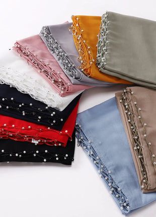 High Quality Women Beads Tassles Hijab Plain Long Scarf Shawls Malaysia Headband Muslim Arab Headscarf Wrap Shaylas 175*70cm