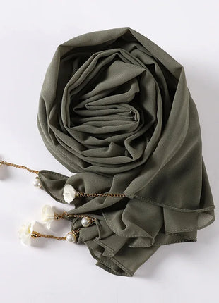 Fashion Flowers Pearl Tassel Chiffon Long Scarf Hijabs Elegant Womens Party Turban Headwear Solid Color Headscarf Shawls Scarves