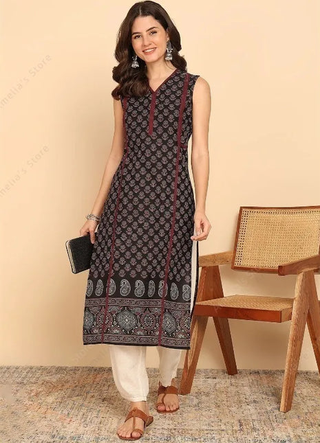 Indian Ethnic Style Women's Black Green Cotton Kurta Tunic Top Sleeveless Paisley Print Summer Wear Casual Kurti Dress