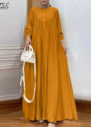 ZANZEA Solid Muslim Fashion Islamic Dress Women's Vintage Turkey Abaya Robe Long Sleeve Hijab O Neck Pleated Loose Kebaya 2025