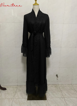 Fashion Lace Stitching Muslim Abaya Dubai Full Length Flare Sleeve Lace Abaya Dubai Turkey Muslim Islam Robe With Belt WY1391