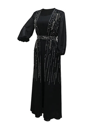 Women Long Loose Maxi Dress Muslim Dubai Women's Clothing Hot Diamond Belt Robe Dinner Dress