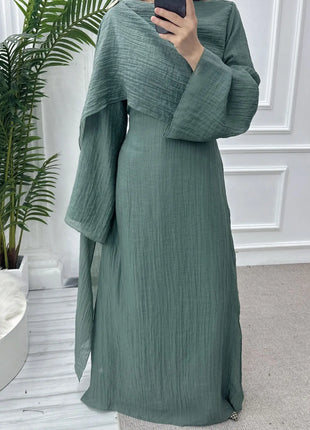 Two Piece Middle East Muslim Cardigan Set for Women Ramadan Eid Dubai Modest Abaya Dress Elegant Islam Solid Turkey Robe Outfit