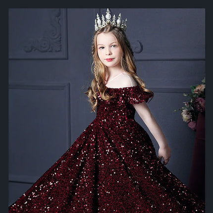 Girl's Western Style Evening Dress Flower Girl Sequined Catwalk Host Piano Performance Princess Dress