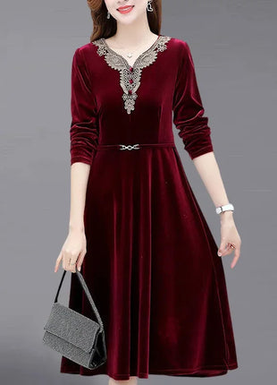 Elegant Purple Velvet Dress With Embroidered Lace V Neck And Belted Waist For Women Autumn Winter Casual Wear