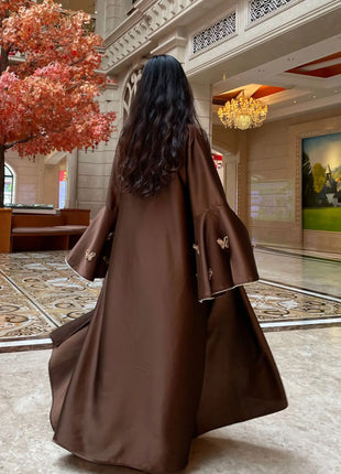 Muslim Women Abaya Dress 2 Piece Set Butterfly Satin Lace-up Morocco Caftan Inner Dress Musulman Ensembles Cadigan Outfit Suits