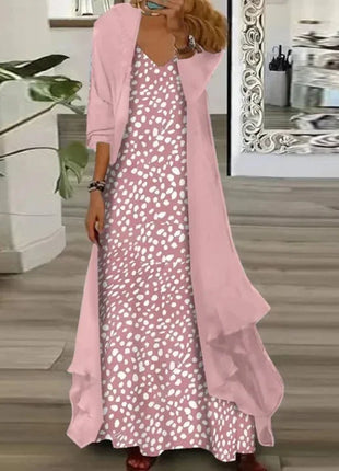 Independent Stand Floral Print Women's Dress Two-Piece Set Short Sleeve Ankle-Length Polyester Fiber Regular Waist Line