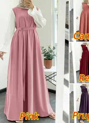 Women Eid Muslim Dress Morocco Party Dresses Patchwork Dubai Kaftan Ramadan Islam Vestidos Arab Long Sleeve Loose Abaya Belt