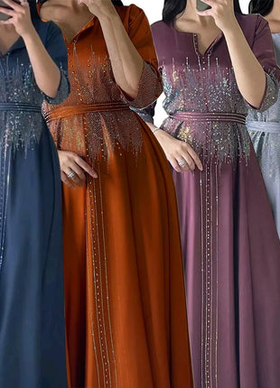 Eid Satin Dress for Women Diamond Muslim Ramadan Party Abaya Long Dress Belt Kaftan Vestidos Largos Dubai Robe Jalabiya 2024