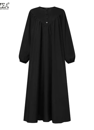 ZANZEA Solid Muslim Fashion Islamic Dress Women's Vintage Turkey Abaya Robe Long Sleeve Hijab O Neck Pleated Loose Kebaya 2025