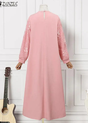 Autumn Muslim Fashion Long Dress ZANZEA Women Long Sleeve O Neck Vestidos Dubai Kaftan Maxi Sundress Robe  Elegant Lace Abaya
