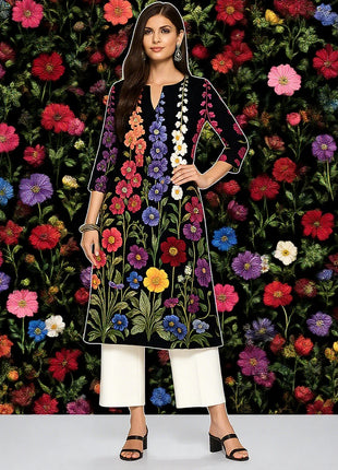 Muslim Dress Kurt Women's Fashionable And Elegant Long Sleeved Straight Tube Casual Flowers Pattern Robe Traditionnelle Arabe