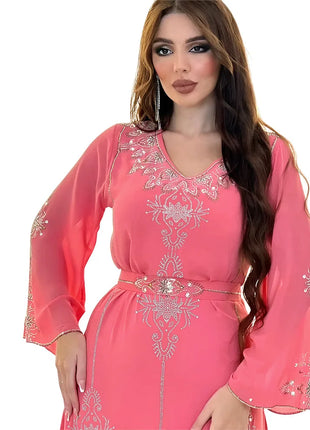 Women's Long Sleeve Polyester Abaya — Diamond Detail V-Neck Dress