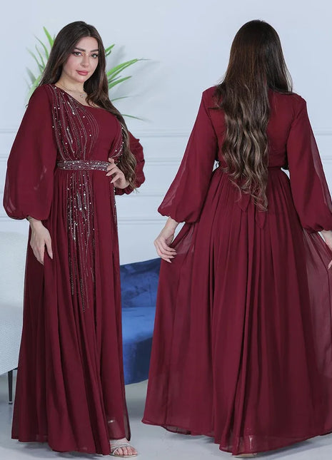 Women Long Loose Maxi Dress Muslim Dubai Women's Clothing Hot Diamond Belt Robe Dinner Dress