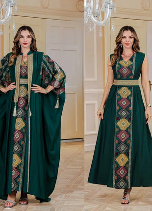 Eid Muslim 2 Piece Set Women Embroidery Dresses Open Abaya Suit Jalabiya Ramadan Dubai Kaftan Party Vestidos Cardigan Robe 2025
