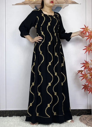 New African Abaya Women Elegant Dress Collect Waist Straight Cotton Embroider Dress Loose Caftan Femme Clothing Islamic Dresses