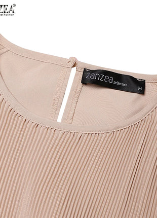 ZANZEA Patchwork Lantern Sleeve Abaya Robes Women Plisse Layered Elegant Maxi Dress Muslim Fashion Islamic Hijab Pleated Dress