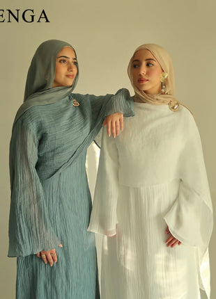 Two Piece Middle East Muslim Cardigan Set for Women Ramadan Eid Dubai Modest Abaya Dress Elegant Islam Solid Turkey Robe Outfit