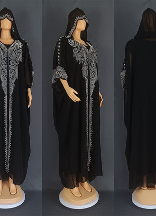 Eid Muslim Dress for Women Hooded Abaya 2 Piece Set Diamond Jalabiya Morocco Party Dresses Dubai Abayas Kaftan Vestido Long Robe