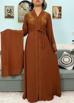 Muslim Chiffon Abayas For Women 2024 Dubai Islam Loose Fit  Femme Robe Long Sleeved Diamond Studded Solid Color With Belt Turban