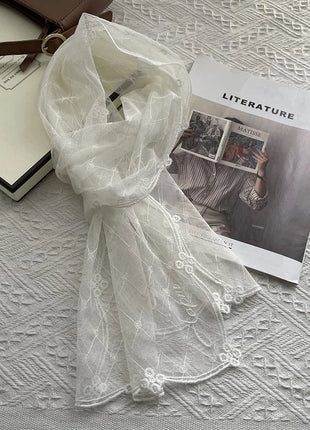 Court Style Embroidery Flower Lace Scarf Long Silk Women's Spring Summer Seaside Vacation Shawl Headscarf