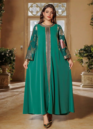 Ramadan Muslim Women's Gold Stamping Petal Sleeve Abaya O-Neck Stripe Dubai Dresses For Women Gala