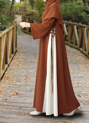 Muslim Women Modest Long Dress Patchwork Drawstring Arab Robe Vestidos Jalabiya Dubai Saudi Abayas Morocco Eid Ramadan Dresses