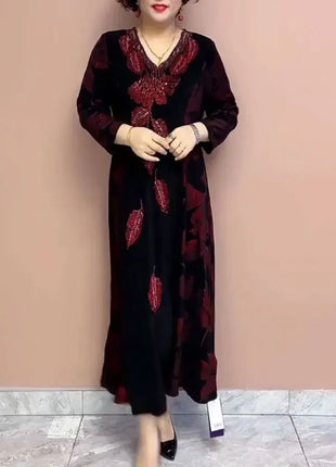 Female Clothing Elegant V-Neck Dresses Autumn Winter Casual A-Line Waist Vintage Printing Commute Fashion Diamonds Long Dress