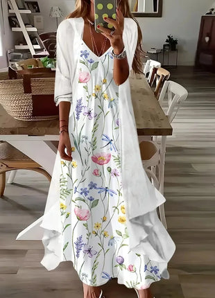 Independent Stand Floral Print Women's Dress Two-Piece Set Short Sleeve Ankle-Length Polyester Fiber Regular Waist Line