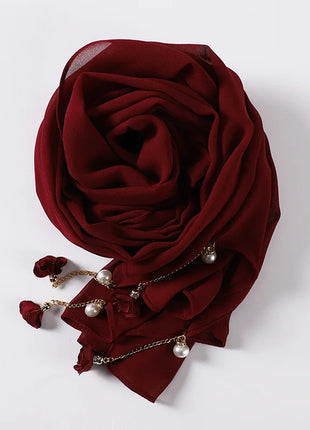 Fashion Flowers Pearl Tassel Chiffon Long Scarf Hijabs Elegant Womens Party Turban Headwear Solid Color Headscarf Shawls Scarves