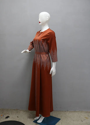 Muslim Satin Dress for Women Fashion Diamond Evening Dress Abaya Dubai Dinner Robe Muslim Dress Women Clothes for Muslim Women