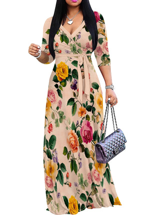 Floral V-Neck Wrap Dress - Tie Waist Flowy Midi Dress, Boho Summer Dress for Women