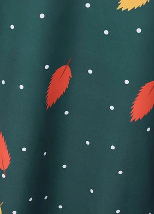 Muslim Leaf Pattern Long Sleeve Dress for Women Casual Bohemian Polka Dot Print Holiday Muslim Dress Full Length Abayas Dubai