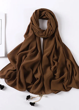Fashion Flowers Pearl Tassel Chiffon Long Scarf Hijabs Elegant Womens Party Turban Headwear Solid Color Headscarf Shawls Scarves