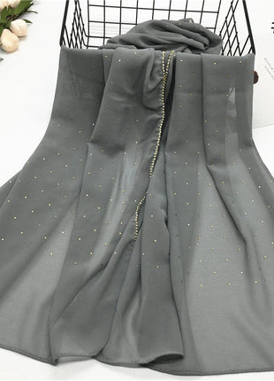 High Quality Rhinestone Chain Pearl Chiffon Long Scarf Hijabs Elegant Dubai Muslim Womens Party Wrapped Turban Shawls Headwear