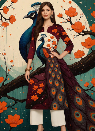 Muslim Women's Kurt Fashionable And Elegant Long Sleeved Straight Tube Casual Kurtta Peacock Pattern Kaftan Marroqui Mujer