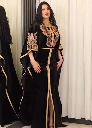 Ramadan Luxury Muslim Fashion Bat Sleeve Moroccan Turkiye Dubai Dress Middle East Arab Dress Sequins Golden Velvet Long Dress