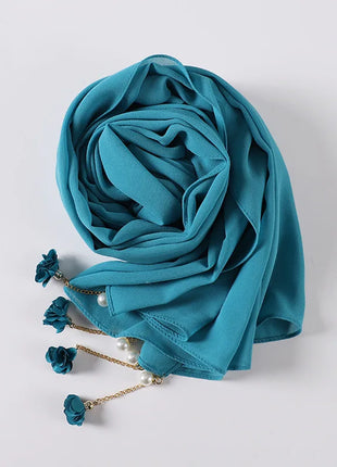 Fashion Flowers Pearl Tassel Chiffon Long Scarf Hijabs Elegant Womens Party Turban Headwear Solid Color Headscarf Shawls Scarves