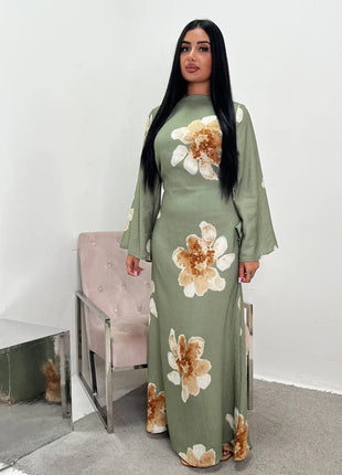 Arabesque Bell Sleeve Flowy Maxi Abaya Dress Elegant Floral Print Muslim Modest Long Dress Islamic Vacation Outfit Summer Robe