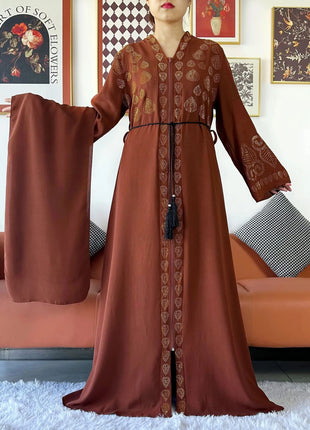 2024 Women Party Dress Chiffon Open Abaya Golden Stones Muslim Women Dress Islamic Clothing Cardigan Abaya Women Muslim Dress