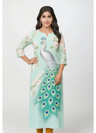 Muslim Peacock Kurt Women's Fashion Comfortable Long Sleeve Straight Casual Ethnic Peacock Pattern Robe Musulman Femme
