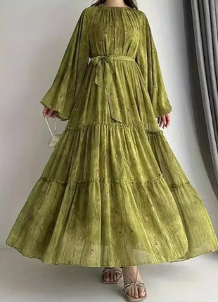 Eid Muslim Abaya Dress for Women Print Chiffon Sashes Jalabiya Kaftan Islam Vestidos Largo Arab Long Robe Ramadan Morocco Abayas