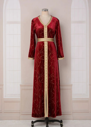 Ramadan Luxury Muslim Fashion Bat Sleeve Moroccan Turkiye Dubai Dress Middle East Arab Dress Sequins Golden Velvet Long Dress